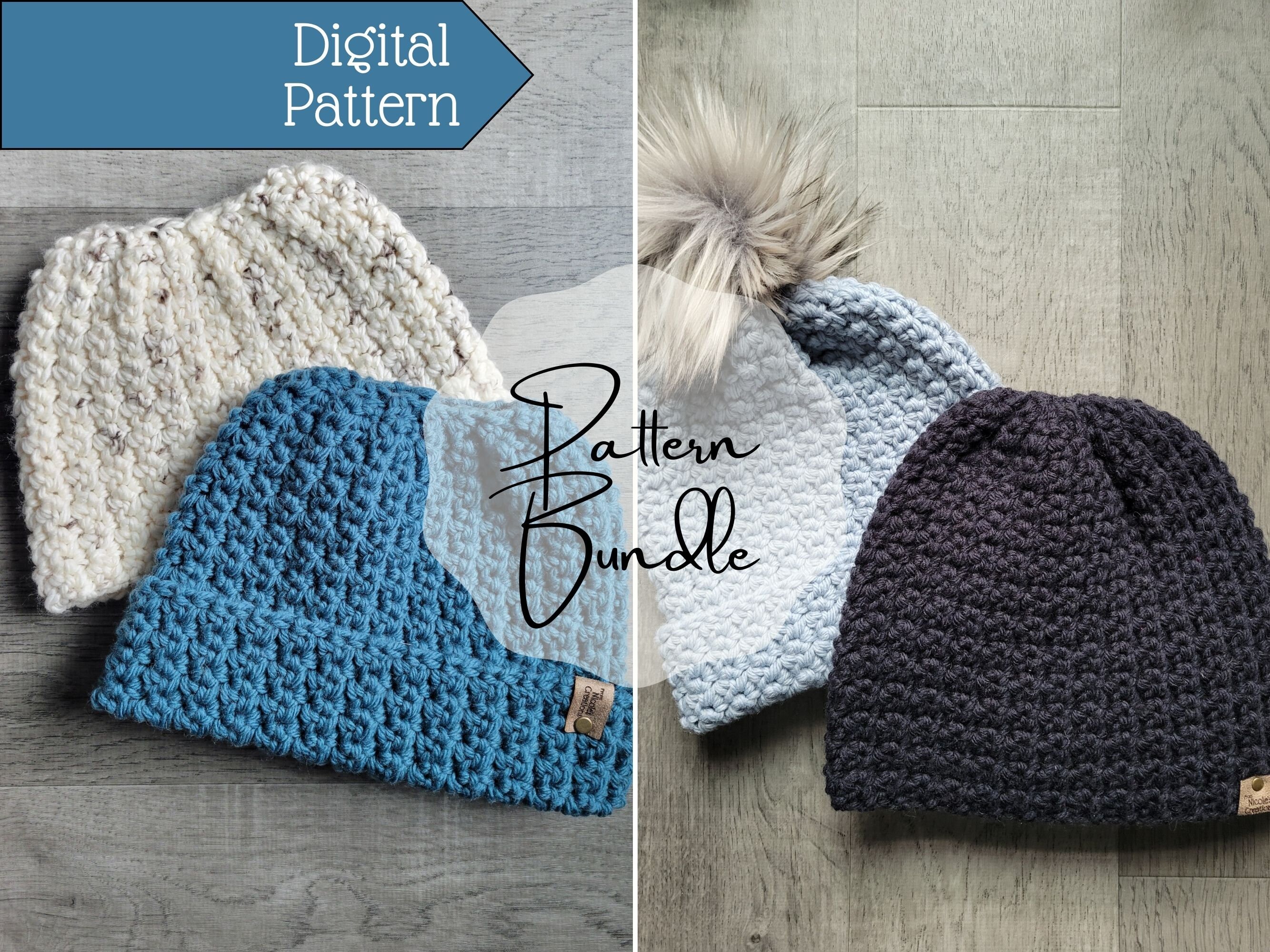 Crochet Hat Patterns, Quick & Easy Beanie Pattern, Sandy Shores Beanie + Messy Bun Beanie in Bulky Yarn Bundle, Downloadable + Printable PDF