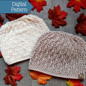 CROCHET PATTERN, Drifting Leaves Beanie, Hat Pattern, Fitted Beanie, Messy Bun Hat Pattern, Ponytail Beanie image 1