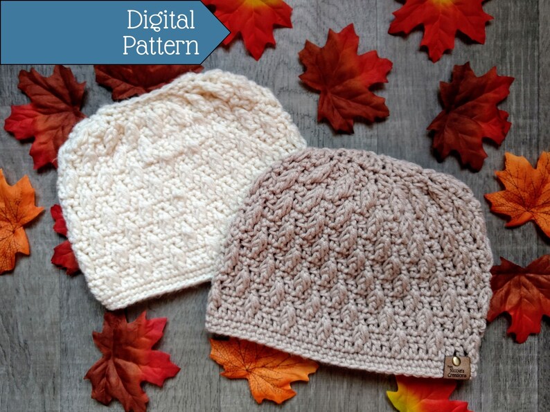 CROCHET PATTERN, Drifting Leaves Beanie, Hat Pattern, Fitted Beanie, Messy Bun Hat Pattern, Ponytail Beanie image 1