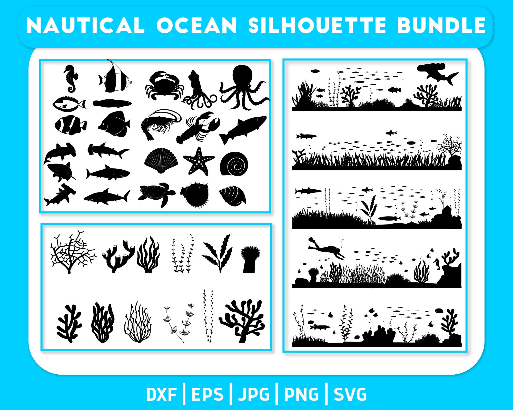 NAUTICAL Ocean Scene SVG. Underwater Silhouette Cricut. Animal Etsy