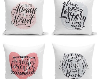 Set of 4 Love Theme Cushion Cover, Double Side Printed 43x43 cm White Background Pillow for Modern Home Decoration, Indoor Decorative Throw.
