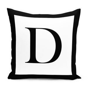 Funda de cojín con letra D en blanco y negro, monograma con impresión digital, funda de almohada de 43 x 43 cm, diseño del alfabeto, decoración del hogar y la sala de estar.