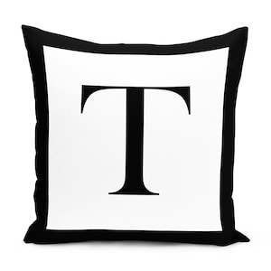 Capa de almofada com impressão digital da letra T, fronha de monograma preto e branco de 43 x 43 cm, design de alfabeto, decoração de sala de estar.