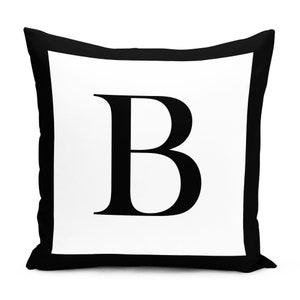 Capa de almofada com impressão digital da letra B, fronha de monograma preto e branco de 43 x 43 cm, design de alfabeto, decoração de sala de estar.