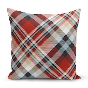 Red Black White Plaid Patterned Decorative Pillow, Tartan Cushion Cover, Both Side Digital Print 43*43 Cm Pillow Case, Red and Black Striped
