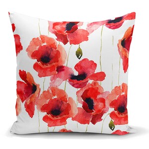 Poppy Aquarelle Watercolor Pillow Cover, Both Side Print 43*43 Cm Cushion Case, Red Flower Floral Decorative Throw for Living Room Bedroom.