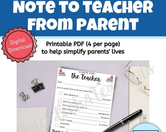 Printable Note to Teacher from Parents: Fill-in Note from Home