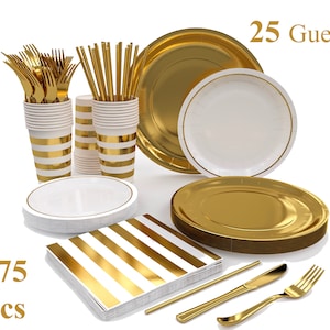 Gold Striped Party Supplies: Disposable Dinnerware Set for 25 Guests
