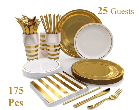 White Gold Paper Plates Cups and Napkins Party Supplies Striped