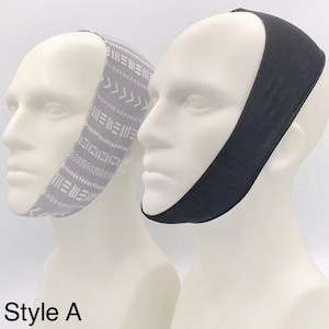 May include: Two white mannequin heads wearing chin straps. One strap is solid black, and the other is gray with a white geometric pattern consisting of horizontal lines, dots, and arrows. The text Style A is printed in black at the bottom left.