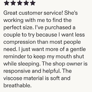 May include: Text from a customer review with a five-star rating. The review mentions great customer service, finding the perfect size, and the soft, breathable viscose material.