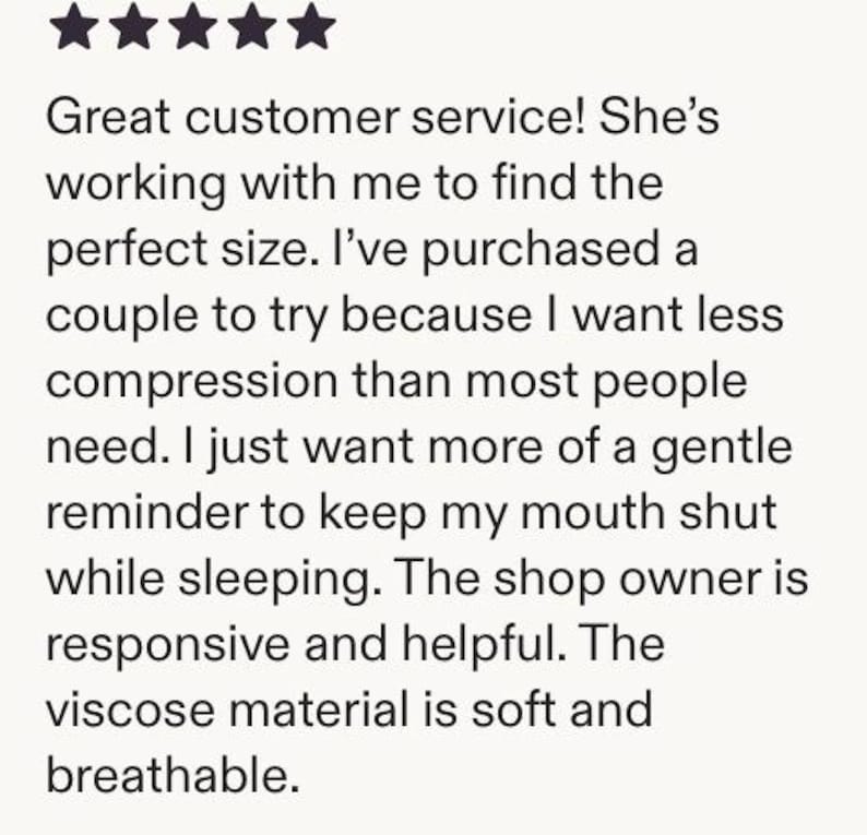 May include: Text from a customer review with a five-star rating. The review mentions great customer service, finding the perfect size, and the soft, breathable viscose material.