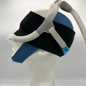This image shows you how our CPAP Eye mask works well in conjunction with Resmed CPAP head gear and our custom fit bamboo chin straps.
