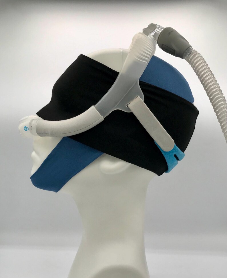 This image shows you how our CPAP Eye mask works well in conjunction with Resmed CPAP head gear and our custom fit bamboo chin straps.