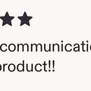May include: Image features five dark purple stars above the text "Prompt communication! Top quality product!!" on a light beige background. The text is in a simple, clean font.