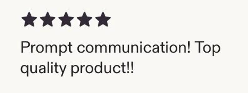 May include: Image features five dark purple stars above the text "Prompt communication! Top quality product!!" on a light beige background. The text is in a simple, clean font.