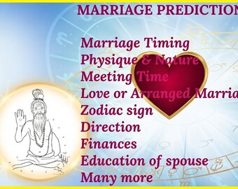 Peut inclure: Image avec le texte "MARRIAGE PREDICTION" et une liste de sujets, dont "Marriage Timing" et "Zodiac sign". Une forme de cœur et une illustration d'une personne sont également présentes. Le fond est un dégradé de bleu et de blanc.