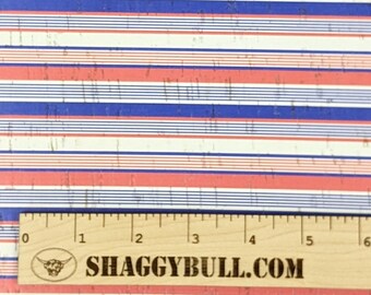 Leather Backed Cork Red White and Blue Stripes Print 8"x10", 4"x6" (Cork Applied to Real Genuine Cowhide Leather) 4-5oz / 1.8-2mm