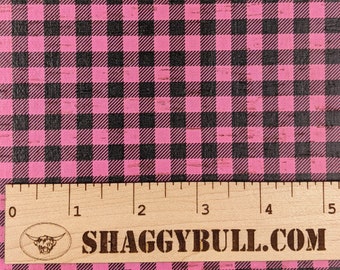 Leather Backed Cork Buffalo Plaid Black and Pink Print 8"x10", 4"x6" (Cork Applied to Real Genuine Cowhide Leather) 4-5oz / 1.8-2mm