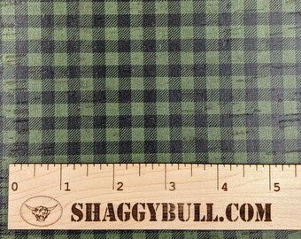 Leather Backed Cork Buffalo Plaid Black and Olive Green Print  8"x10" 4"x6" (Cork Applied to Real Genuine Cowhide Leather) 4-5oz / 1.8-2mm