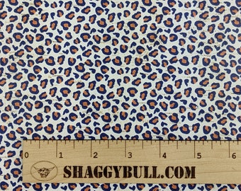 Leather Backed Cork Leopard Blue and Orange Print 8"x10", 4"x6" (Cork Applied to Real Genuine Cowhide Leather) 4-5oz / 1.8-2mm