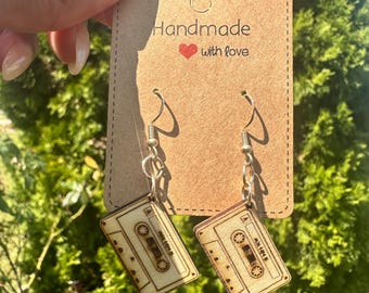 Retro Music Tape Wooden Dangle Earrings with Vintage Vibes