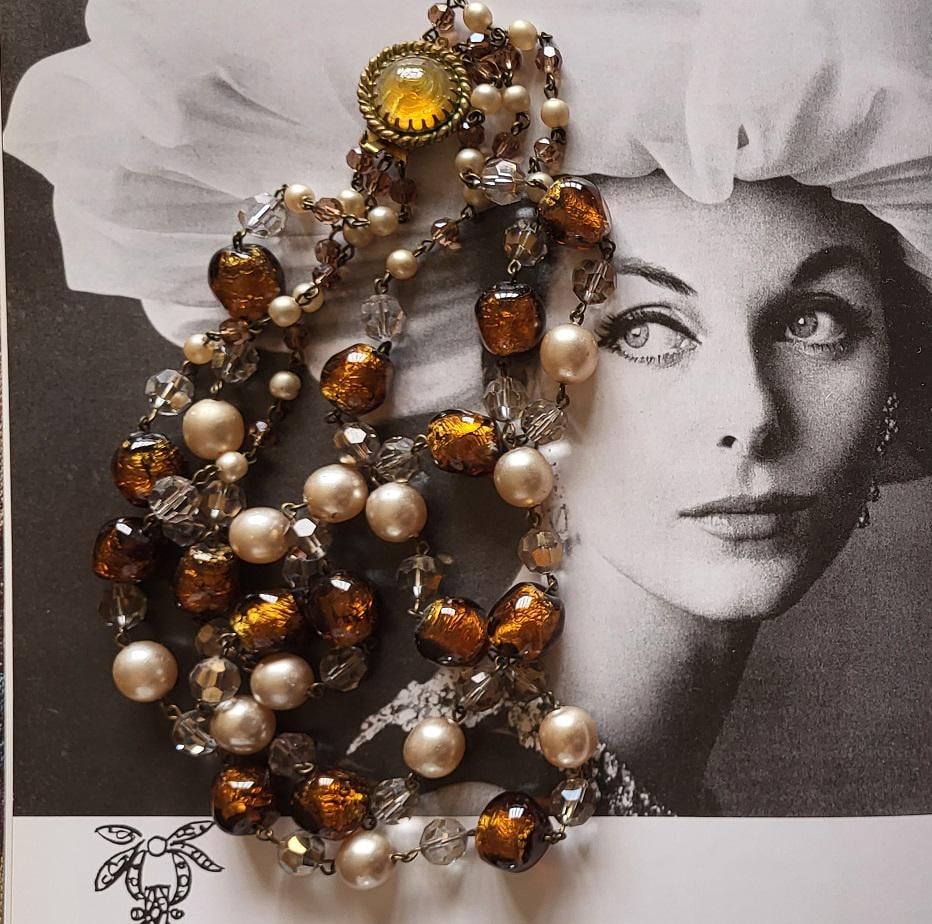 Collier Court Vintage Années 50 En Hématite Et Pâte De Verre - Très Élégant, Occasion