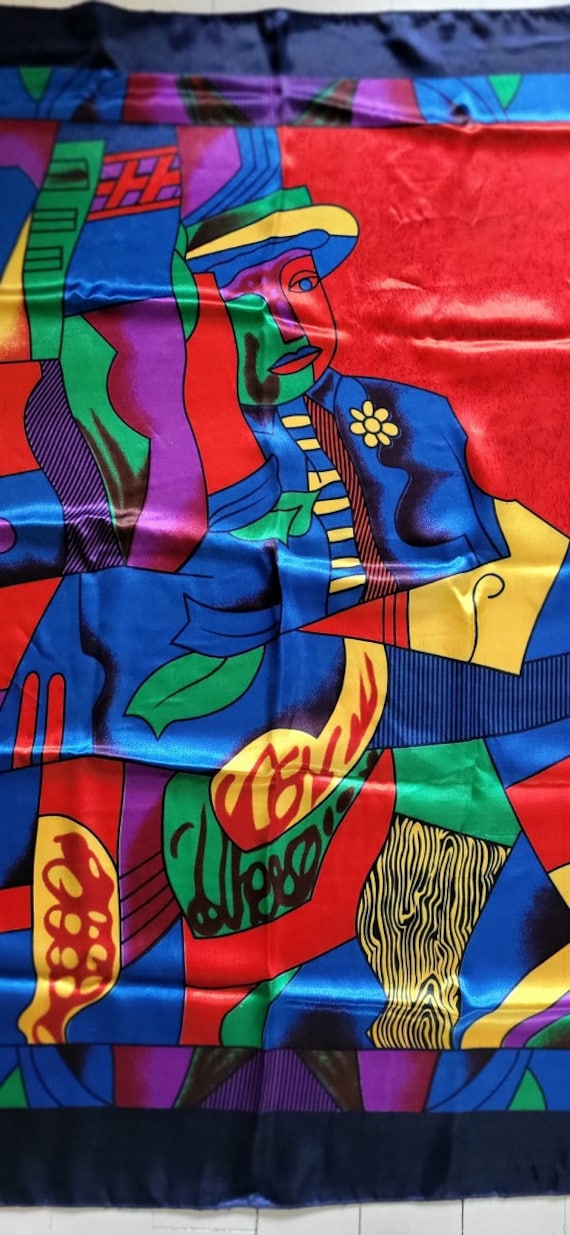 Foulard En Soie Picasso 90x90 Cm - Couleurs Bleu, Violet, Vert, 100% Soie, Occasion Très Bon état