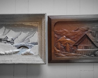 Mountain paintings in carved wood
