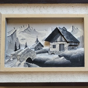 carved wooden mountain paintings