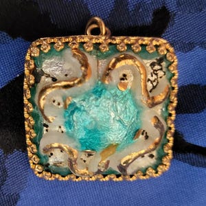 Broche Limoges Années 60 – Émaux Sur Cuivre Bleu Turquoise, Métal Doré