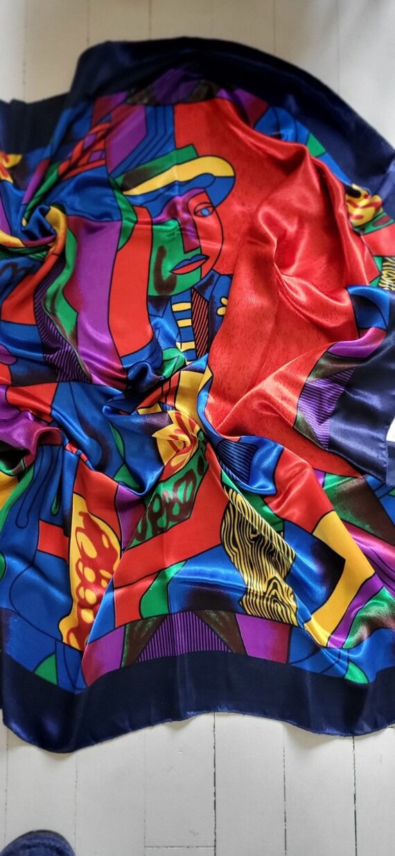 Foulard En Soie Carré Picasso 90x90 Cm - Motifs Bleu, Violet, Vert - Occasion Très Bon État