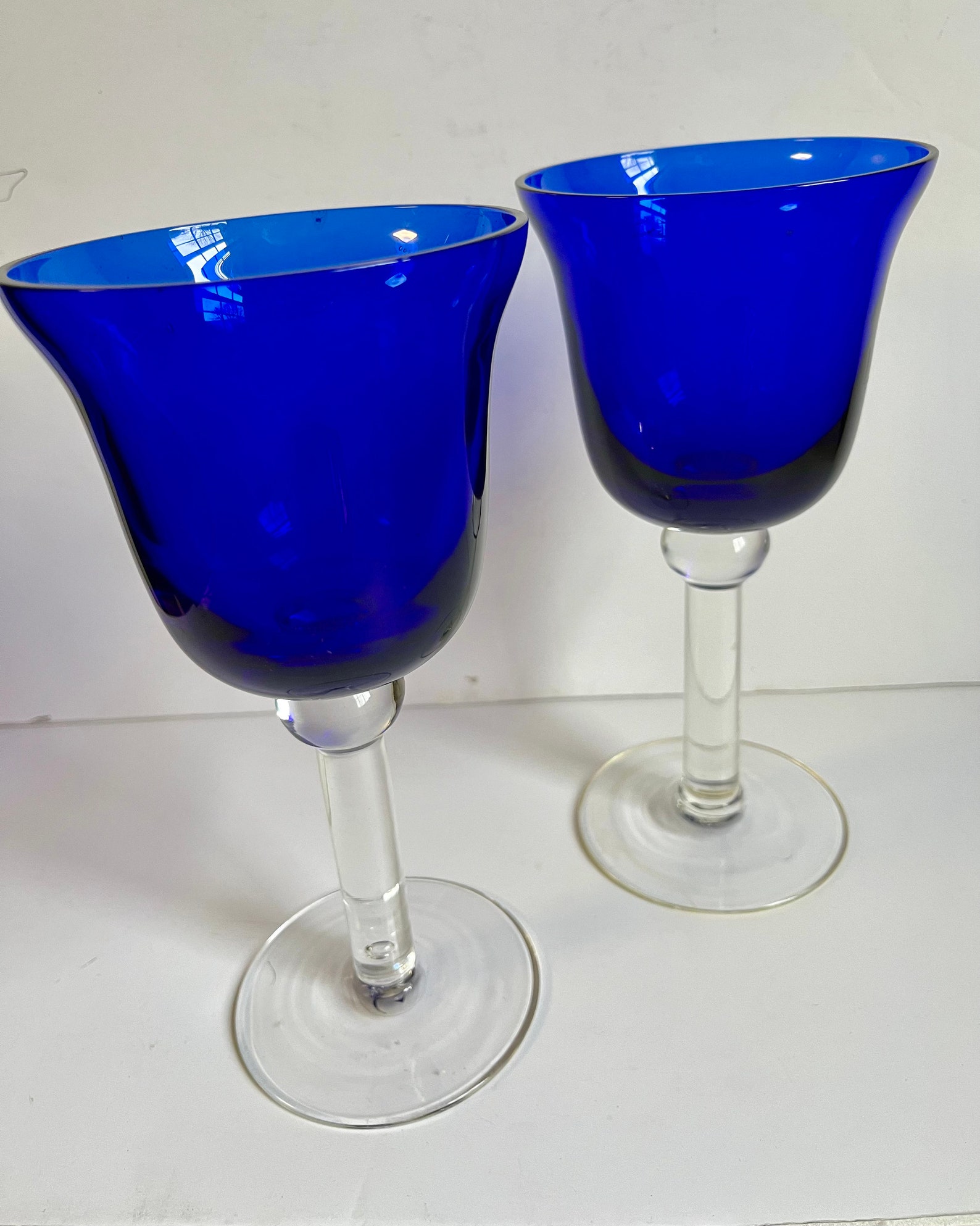 2 Vintage Cobalt Blue Clear Stem Wine Glasses Water Goblets Etsy