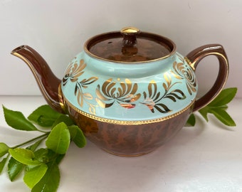 Vintage Sadler teapot 2309 tortoise pastel blue and gold teapot made in Staffordshire England, gold floral accents, porcelain