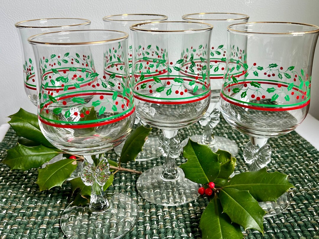 Arbys Libbey HOLLY and BERRY Set of 6 Christmas Wine Glasses Goblets