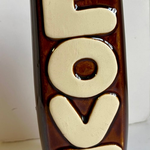 Vintage McCoy with Love vase brown with white letters decor gifts tablescape