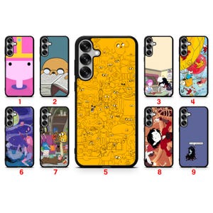 May include: A collection of nine smartphone cases featuring various Adventure Time character illustrations and scenes. The designs include a yellow case with a pattern of line drawings, character portraits, and colorful animated scenes with text.