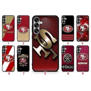 May include: A collection of nine smartphone cases featuring San Francisco 49ers branding. Each case displays the team logo, colors, and text such as 49ers or San Francisco. The designs include metallic, textured, and graphic patterns on the back panels.