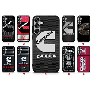 May include: A collection of nine rectangular smartphone cases featuring various Cummins and Dodge Turbo Diesel branding designs, including logos, engine specifications, and text graphics, displayed in a grid layout with numbered labels.