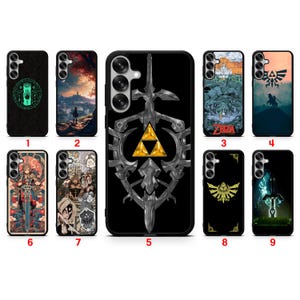 May include: A collection of nine rectangular smartphone cases featuring various designs inspired by the Legend of Zelda series. Each case displays distinct imagery including landscapes, character illustrations, the Triforce symbol, and swords on black backgrounds.