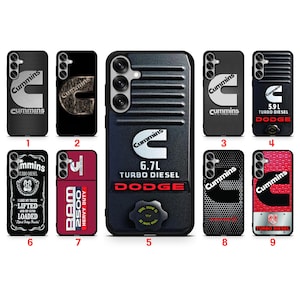 May include: A collection of nine smartphone cases featuring various Cummins and Dodge Turbo Diesel branding, including logos, engine specifications like 6.7L and 5.9L, and graphic designs with textured patterns, red accents, and a diesel cap detail.