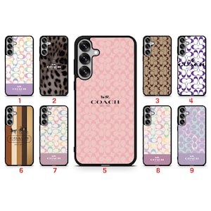 May include: A collection of nine smartphone cases featuring various Coach brand designs, including the signature C logo pattern in pastel, brown, and purple, a leopard print, and vertical stripes, all displaying the Coach New York logo and horse carriage.