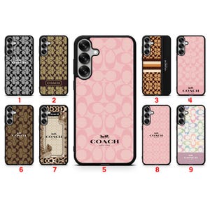 May include: A collection of nine smartphone cases featuring various Coach brand patterns, including signature C logos, leopard prints, and butterfly motifs in colors like pink, black, brown, and multi-colored pastels, each with the Coach logo.