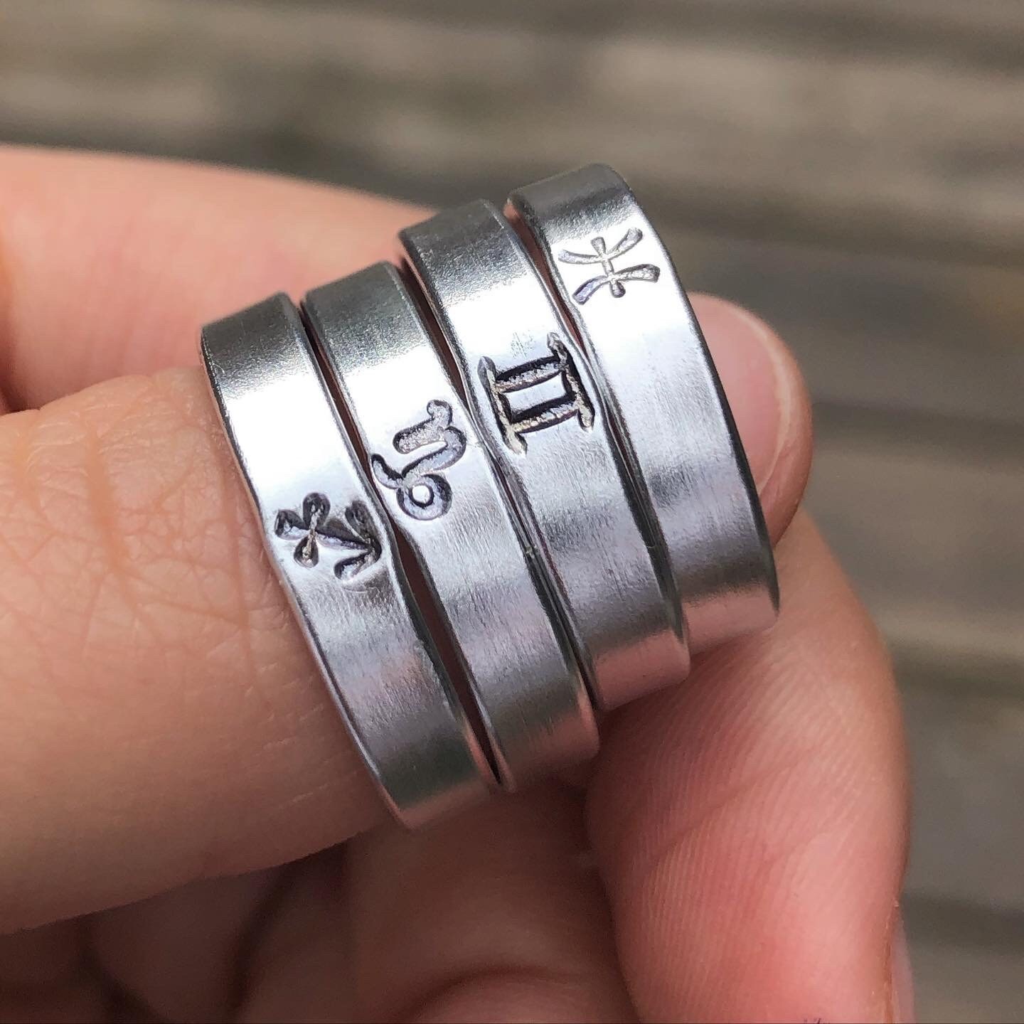 Gold and silver Stamped Zodiac rings, sun sign rings, big three ring
