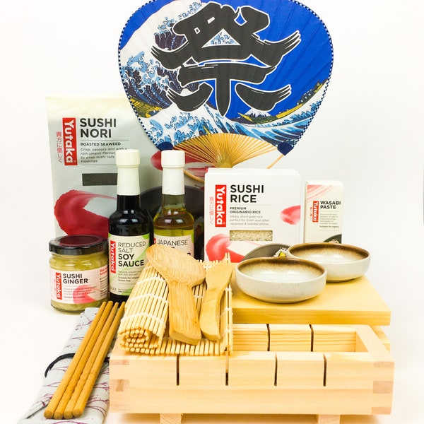 Complete Sushi Making Kit - Sushi press mould, rolling mat, serving trays, soy sauce bowls, chopsticks, ingredients and instruction leaflet