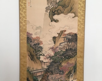 Antique Japanese colour painting wall scroll titled "White cloud and Autumn leaves"