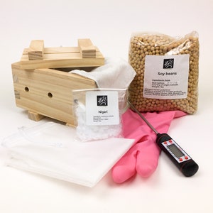 Complete Tofu Making Kit - press mould, soya beans, nigari, nut milk bag, cotton cloth, thermometer and gloves
