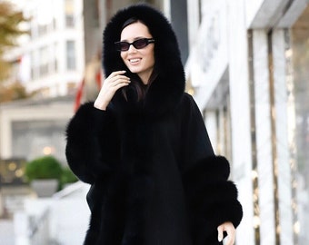 Black Cashmere Cape with Detachable Hood and Fox Fur Trim, One Size Fits All