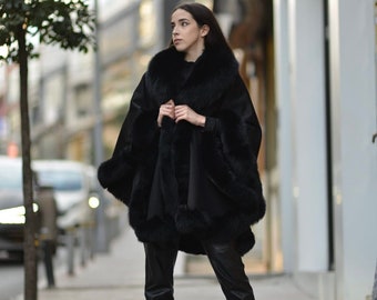 Black Cashmere Cape with Genuine Fox Fur Trim - Elegant Winter Wrap, One Size Fits All