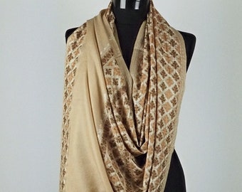 Needle work silk embroidery beige cashmere scarf handmade, Soft lightweight cashmere wrap, 29 X 72 inch, Free delivery